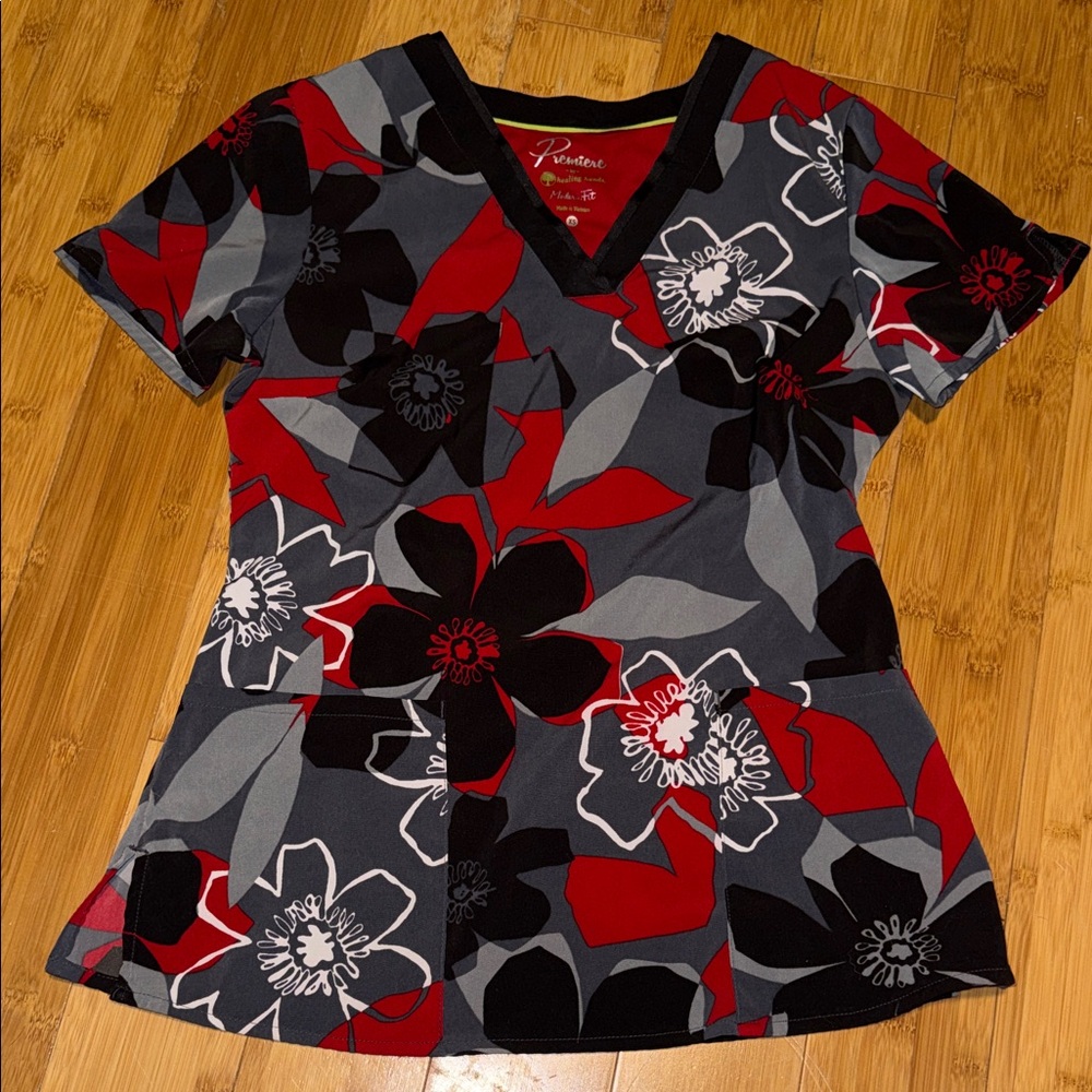 Red and Black Floral Women's Scrub Top